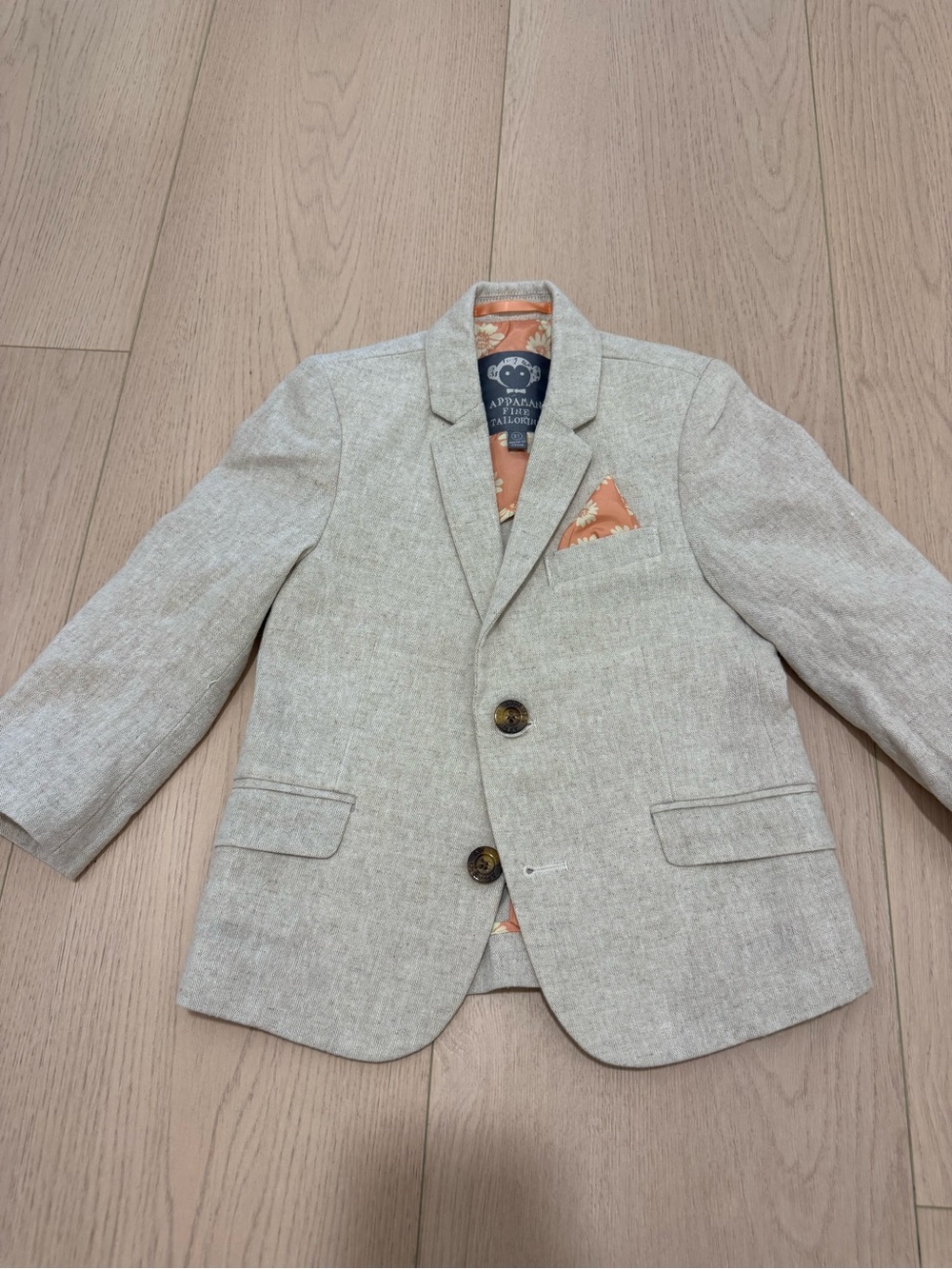 Appaman Light Beige Boys Blazer with Orange Pocket Square | 3T